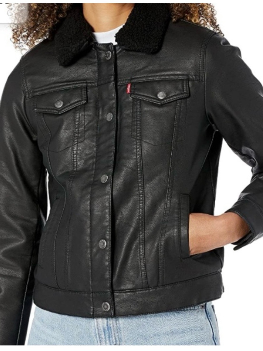 Levi's Sherpa Full Zip/Button Trucker Jacket Womens SZ XL Faux Leather Remov Clr